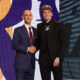 Jun 26, 2024; Brooklyn, NY, USA; Dalton Knecht poses for photos with NBA commissioner Adam Silver after being selected in the first round by the Los Angeles Lakers in the 2024 NBA Draft at Barclays Center. Mandatory Credit: Brad Penner-USA TODAY Sports