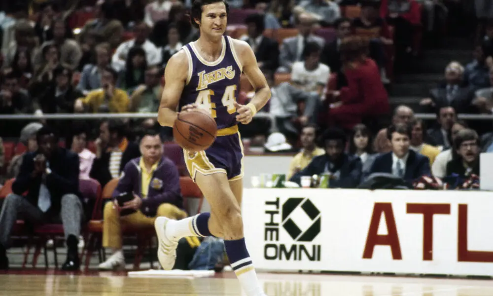 March 29, 1973; Atlanta, GA, USA; FILE PHOTO; Los Angeles Lakers guard Jerry West (44) in action against the Atlanta Hawks during the 1972-73 season at The Omni. Mandatory Credit: Manny Rubio-USA TODAY Sports