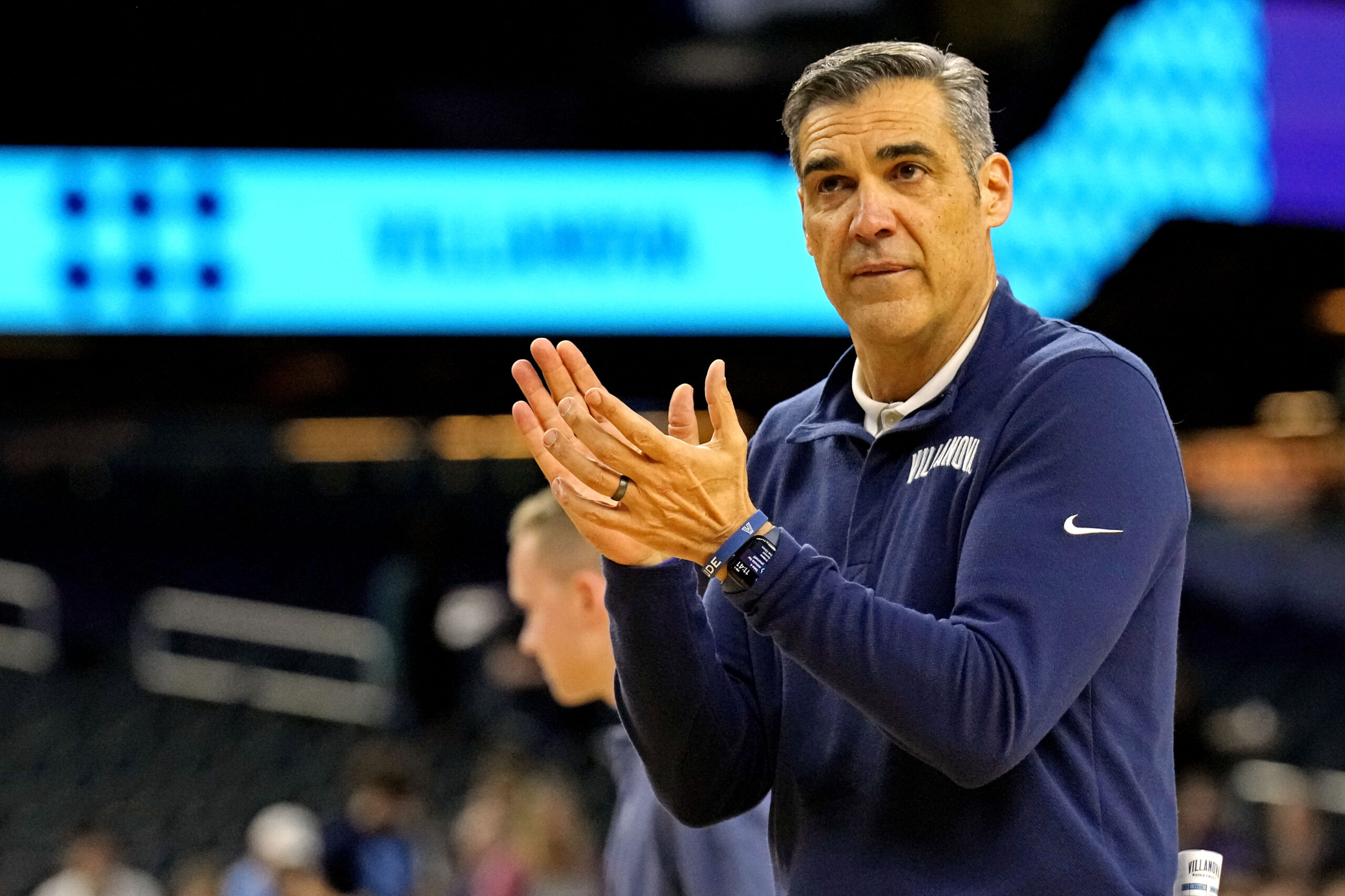 Apr 1, 2022; New Orleans, LA, USA; Villanova Wildcats head coach Jay Wright during the Final Four practice at Caesars Superdome. Mandatory Credit: Robert Deutsch-USA TODAY Sports