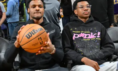 Feb 9, 2023; Los Angeles, California, USA; Los Angeles Lakers forward LeBron James (6) sons Bronny and Bryce James attend a game against the Milwaukee Bucks at Crypto.com Arena. Mandatory Credit: Jayne Kamin-Oncea-USA TODAY Sports