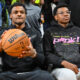 Feb 9, 2023; Los Angeles, California, USA; Los Angeles Lakers forward LeBron James (6) sons Bronny and Bryce James attend a game against the Milwaukee Bucks at Crypto.com Arena. Mandatory Credit: Jayne Kamin-Oncea-USA TODAY Sports