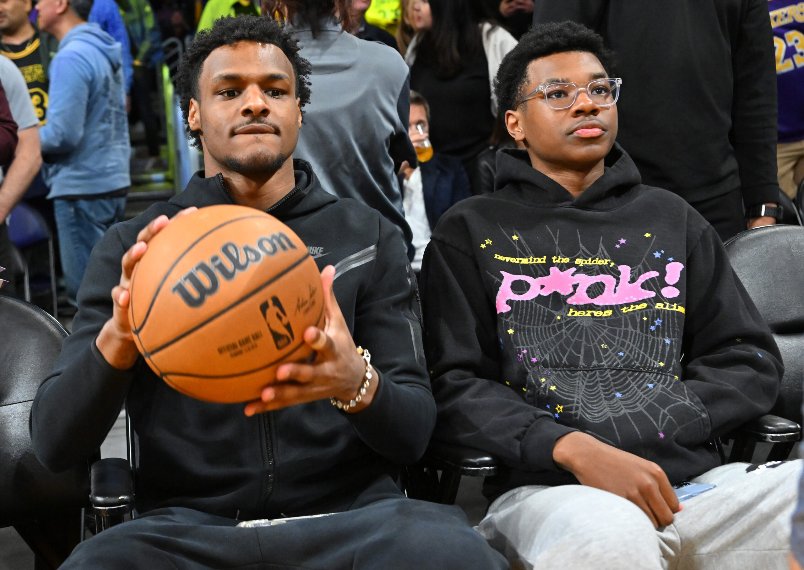 Feb 9, 2023; Los Angeles, California, USA; Los Angeles Lakers forward LeBron James (6) sons Bronny and Bryce James attend a game against the Milwaukee Bucks at Crypto.com Arena. Mandatory Credit: Jayne Kamin-Oncea-USA TODAY Sports