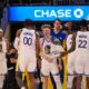 Dec 6, 2023; San Francisco, California, USA; Golden State Warriors guard Brandin Podziemski (2) celebrates with forward Jonathan Kuminga (00) after a time out is called against the Portland Trail Blazers during the fourth quarter at Chase Center. Mandatory Credit: Kelley L Cox-USA TODAY Sports