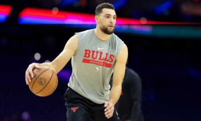 Dec 18, 2023; Philadelphia, Pennsylvania, USA; Chicago Bulls guard Zach LaVine before a game against the Philadelphia 76ers at Wells Fargo Center. Mandatory Credit: Bill Streicher-USA TODAY Sports