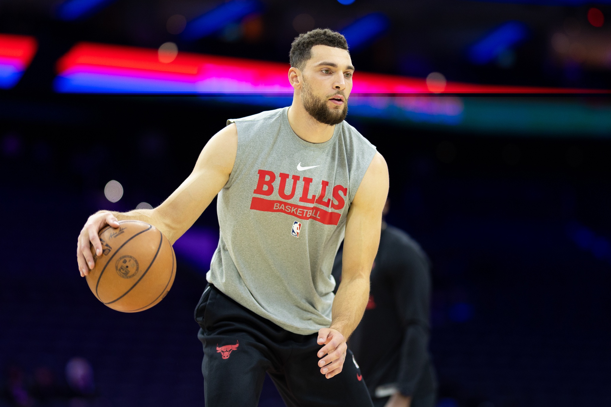 Dec 18, 2023; Philadelphia, Pennsylvania, USA; Chicago Bulls guard Zach LaVine before a game against the Philadelphia 76ers at Wells Fargo Center. Mandatory Credit: Bill Streicher-USA TODAY Sports