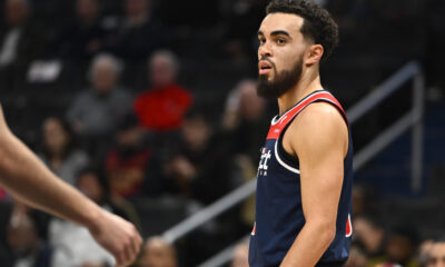 Feb 7, 2024; Washington, District of Columbia, USA; Washington Wizards guard Tyus Jones (5) on the court against the Cleveland Cavaliers during the first half at Capital One Arena. Mandatory Credit: Brad Mills-USA TODAY Sports