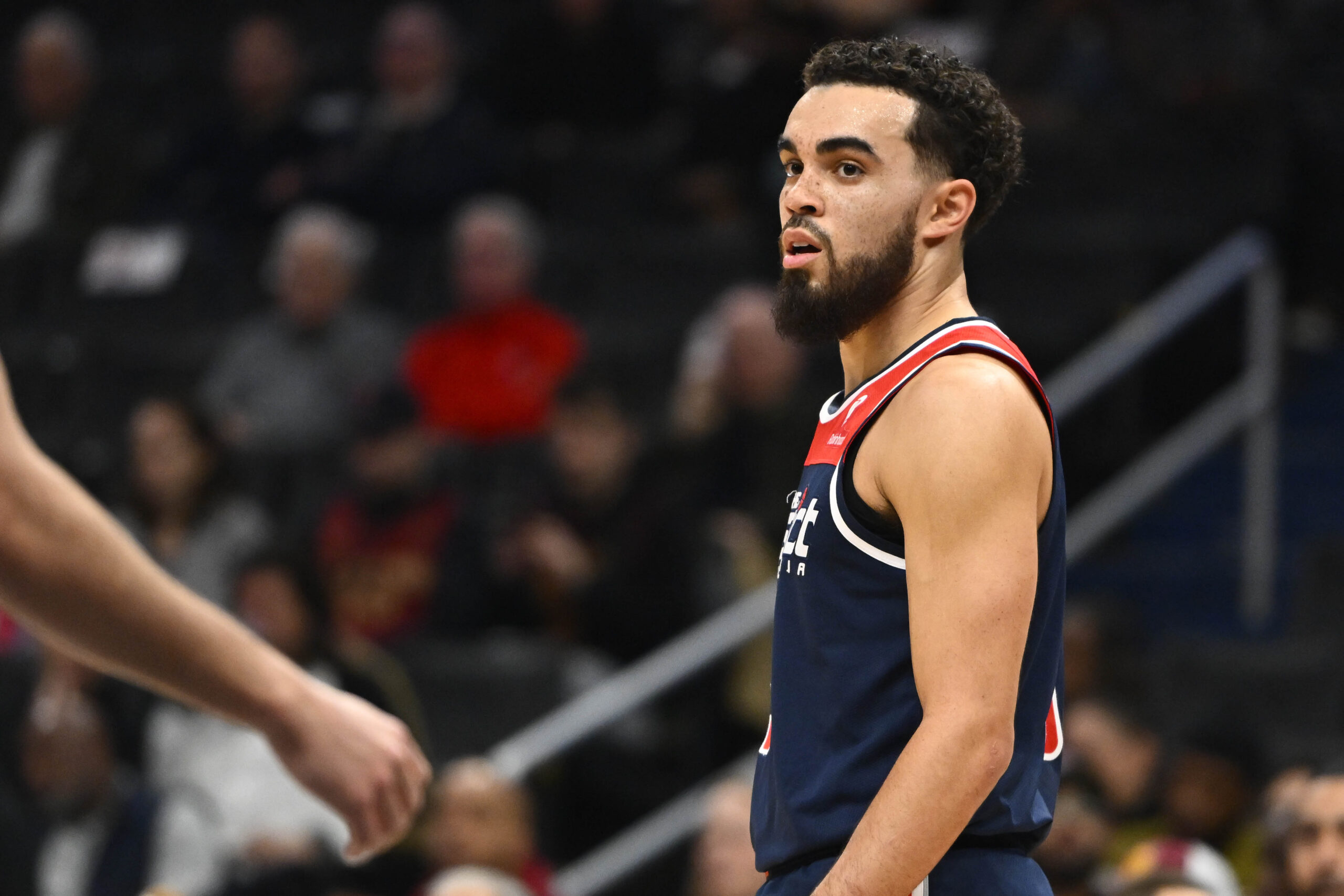 Feb 7, 2024; Washington, District of Columbia, USA; Washington Wizards guard Tyus Jones (5) on the court against the Cleveland Cavaliers during the first half at Capital One Arena. Mandatory Credit: Brad Mills-USA TODAY Sports