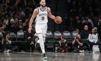 Feb 13, 2024; Brooklyn, New York, USA; Brooklyn Nets guard Ben Simmons (10) brings the ball up court in the third quarter against the Boston Celtics at Barclays Center. Mandatory Credit: Wendell Cruz-USA TODAY Sports