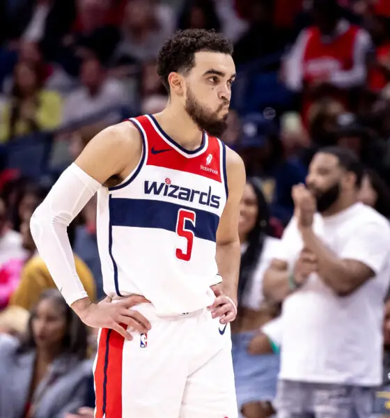 Feb 14, 2024; New Orleans, Louisiana, USA; Washington Wizards guard Tyus Jones (5) looks at the bench during free throw by New Orleans Pelicans guard Trey Murphy III (25) during the second half at Smoothie King Center. Mandatory Credit: Stephen Lew-USA TODAY Sports