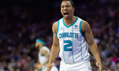 Mar 1, 2024; Philadelphia, Pennsylvania, USA; Charlotte Hornets forward Grant Williams (2) looks for a foul call after a turnover during the third quarter against the Philadelphia 76ers at Wells Fargo Center. Mandatory Credit: Bill Streicher-USA TODAY Sports