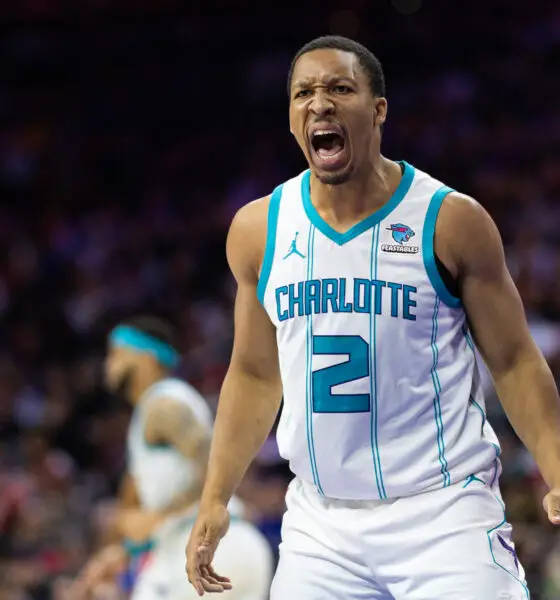 Mar 1, 2024; Philadelphia, Pennsylvania, USA; Charlotte Hornets forward Grant Williams (2) looks for a foul call after a turnover during the third quarter against the Philadelphia 76ers at Wells Fargo Center. Mandatory Credit: Bill Streicher-USA TODAY Sports