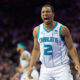 Mar 1, 2024; Philadelphia, Pennsylvania, USA; Charlotte Hornets forward Grant Williams (2) looks for a foul call after a turnover during the third quarter against the Philadelphia 76ers at Wells Fargo Center. Mandatory Credit: Bill Streicher-USA TODAY Sports