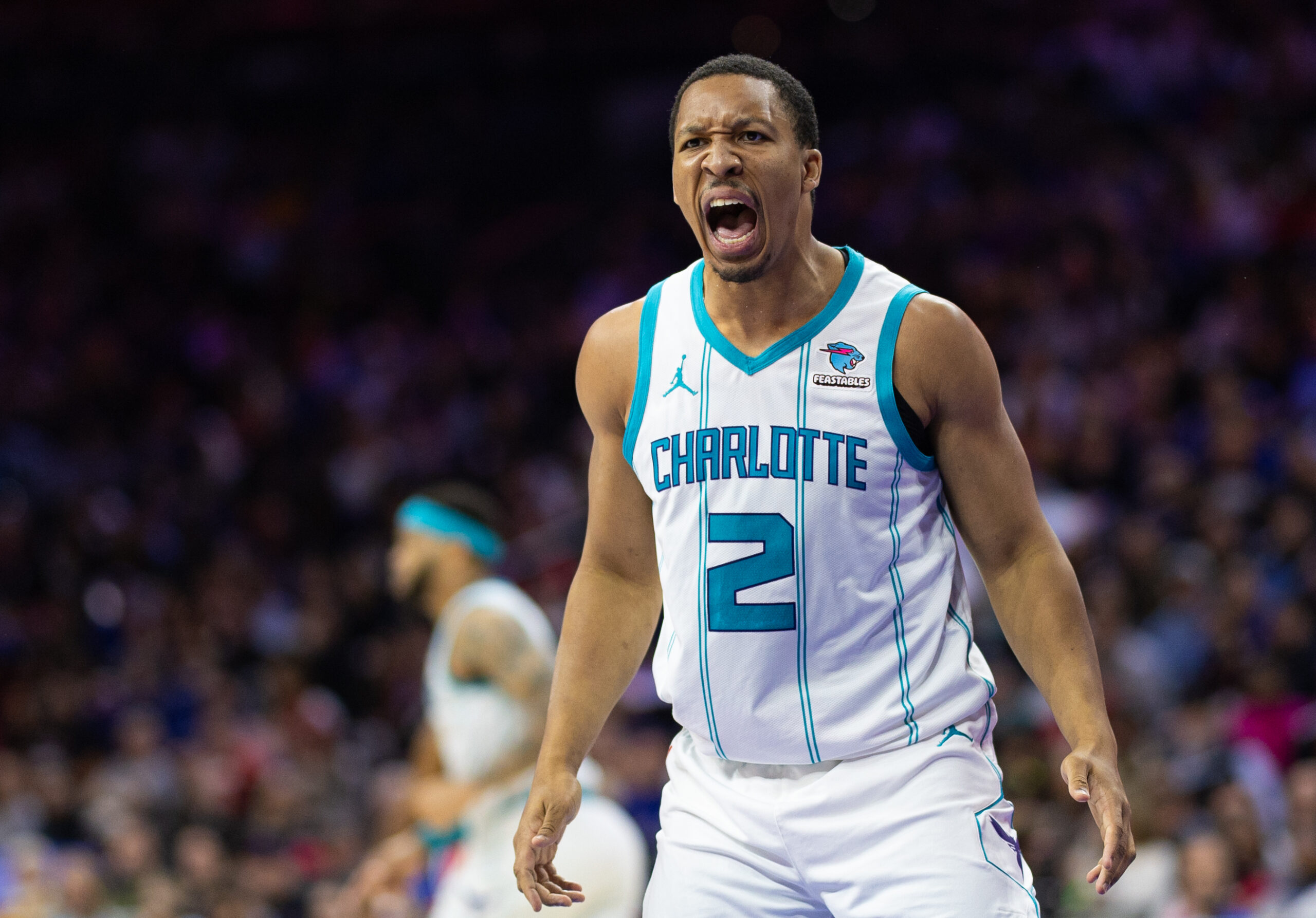 Mar 1, 2024; Philadelphia, Pennsylvania, USA; Charlotte Hornets forward Grant Williams (2) looks for a foul call after a turnover during the third quarter against the Philadelphia 76ers at Wells Fargo Center. Mandatory Credit: Bill Streicher-USA TODAY Sports