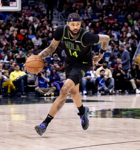 Mar 1, 2024; New Orleans, Louisiana, USA; New Orleans Pelicans forward Brandon Ingram (14) dribbles against the Indiana Pacers during the second half at Smoothie King Center. Mandatory Credit: Stephen Lew-USA TODAY Sports