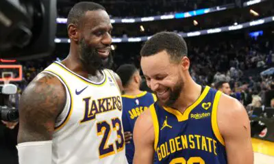 Jan 27, 2024; San Francisco, California, USA; Los Angeles Lakers forward LeBron James (23) and Golden State Warriors guard Stephen Curry (right) talk after the game at Chase Center. Mandatory Credit: Darren Yamashita-USA TODAY Sports