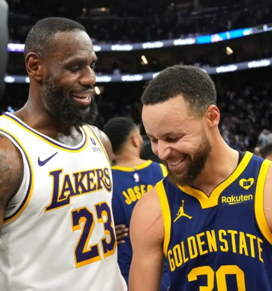 Jan 27, 2024; San Francisco, California, USA; Los Angeles Lakers forward LeBron James (23) and Golden State Warriors guard Stephen Curry (right) talk after the game at Chase Center. Mandatory Credit: Darren Yamashita-USA TODAY Sports