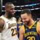 Jan 27, 2024; San Francisco, California, USA; Los Angeles Lakers forward LeBron James (23) and Golden State Warriors guard Stephen Curry (right) talk after the game at Chase Center. Mandatory Credit: Darren Yamashita-USA TODAY Sports