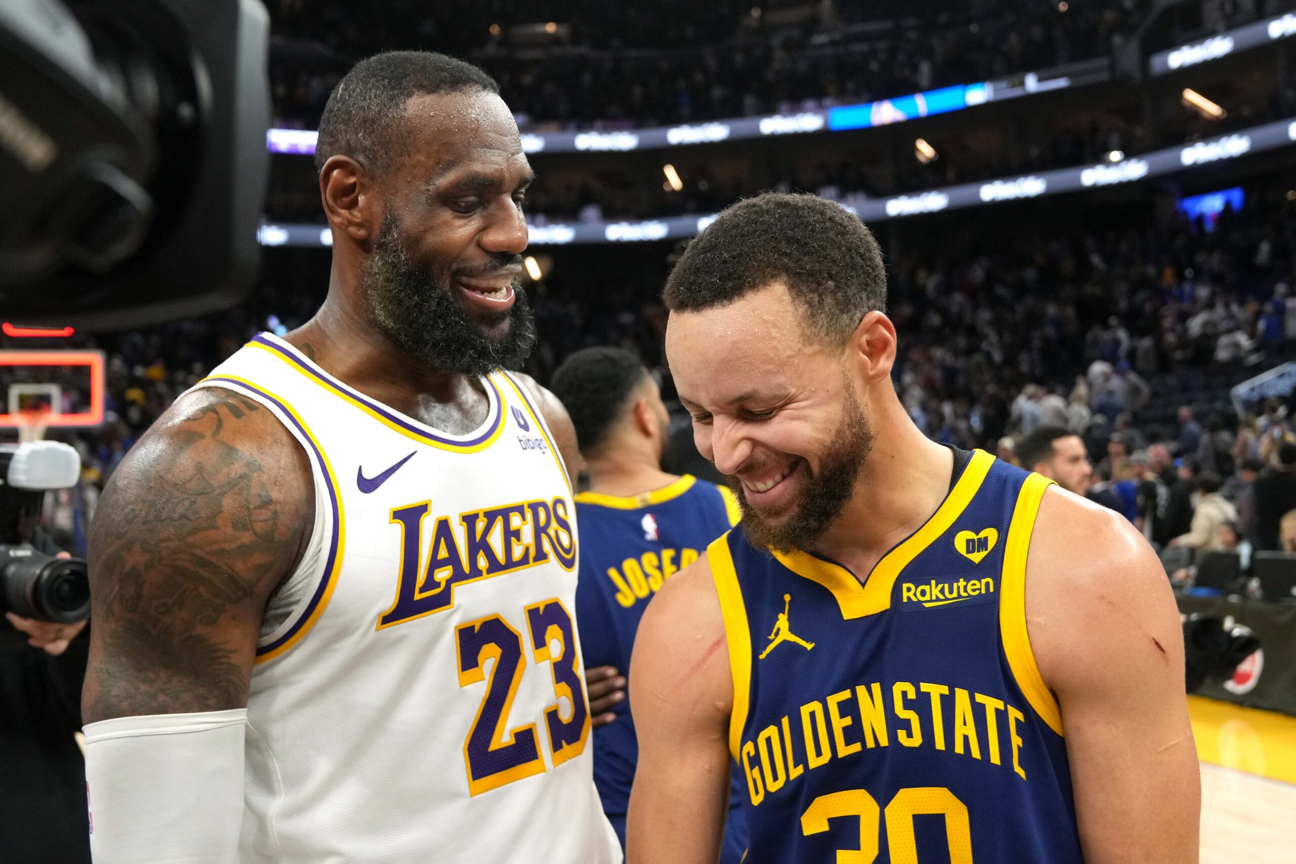 Jan 27, 2024; San Francisco, California, USA; Los Angeles Lakers forward LeBron James (23) and Golden State Warriors guard Stephen Curry (right) talk after the game at Chase Center. Mandatory Credit: Darren Yamashita-USA TODAY Sports