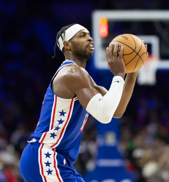 Mar 6, 2024; Philadelphia, Pennsylvania, USA; Philadelphia 76ers guard Buddy Hield (17) shoots the ball against the Memphis Grizzlies during the first quarter at Wells Fargo Center. Mandatory Credit: Bill Streicher-USA TODAY Sports