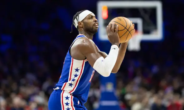 Mar 6, 2024; Philadelphia, Pennsylvania, USA; Philadelphia 76ers guard Buddy Hield (17) shoots the ball against the Memphis Grizzlies during the first quarter at Wells Fargo Center. Mandatory Credit: Bill Streicher-USA TODAY Sports