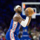 Mar 6, 2024; Philadelphia, Pennsylvania, USA; Philadelphia 76ers guard Buddy Hield (17) shoots the ball against the Memphis Grizzlies during the first quarter at Wells Fargo Center. Mandatory Credit: Bill Streicher-USA TODAY Sports