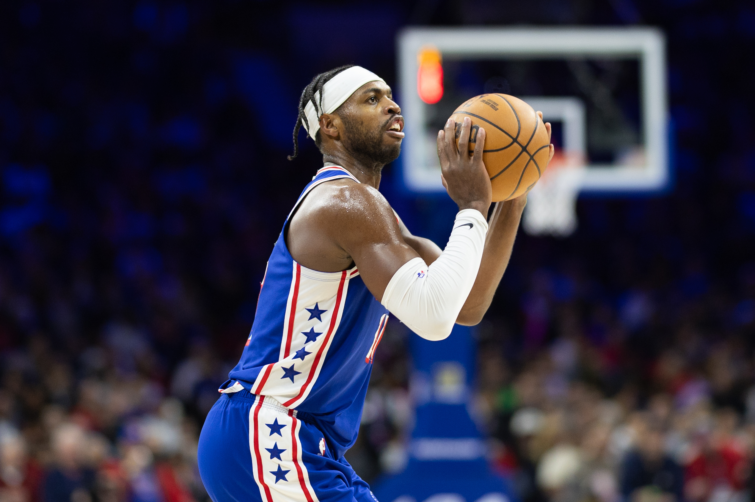 Mar 6, 2024; Philadelphia, Pennsylvania, USA; Philadelphia 76ers guard Buddy Hield (17) shoots the ball against the Memphis Grizzlies during the first quarter at Wells Fargo Center. Mandatory Credit: Bill Streicher-USA TODAY Sports