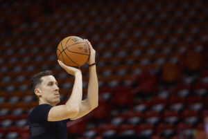 Mar 10, 2024; Miami, Florida, USA; Miami Heat forward Duncan Robinson (55) warms up before the game against the Washington Wizards at Kaseya Center. Mandatory Credit: Rhona Wise-USA TODAY Sports