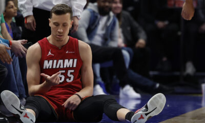 Mar 17, 2024; Detroit, Michigan, USA; Miami Heat forward Duncan Robinson (55) celebrates after he is fouled on a three point basket in the second half against the Detroit Pistons at Little Caesars Arena. Mandatory Credit: Rick Osentoski-USA TODAY Sports