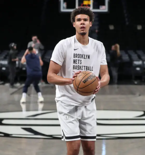 Mar 19, 2024; Brooklyn, New York, USA; Brooklyn Nets forward Cameron Johnson (2) warms up prior to the game against the New Orleans Pelicans at Barclays Center. Mandatory Credit: Wendell Cruz-USA TODAY Sports