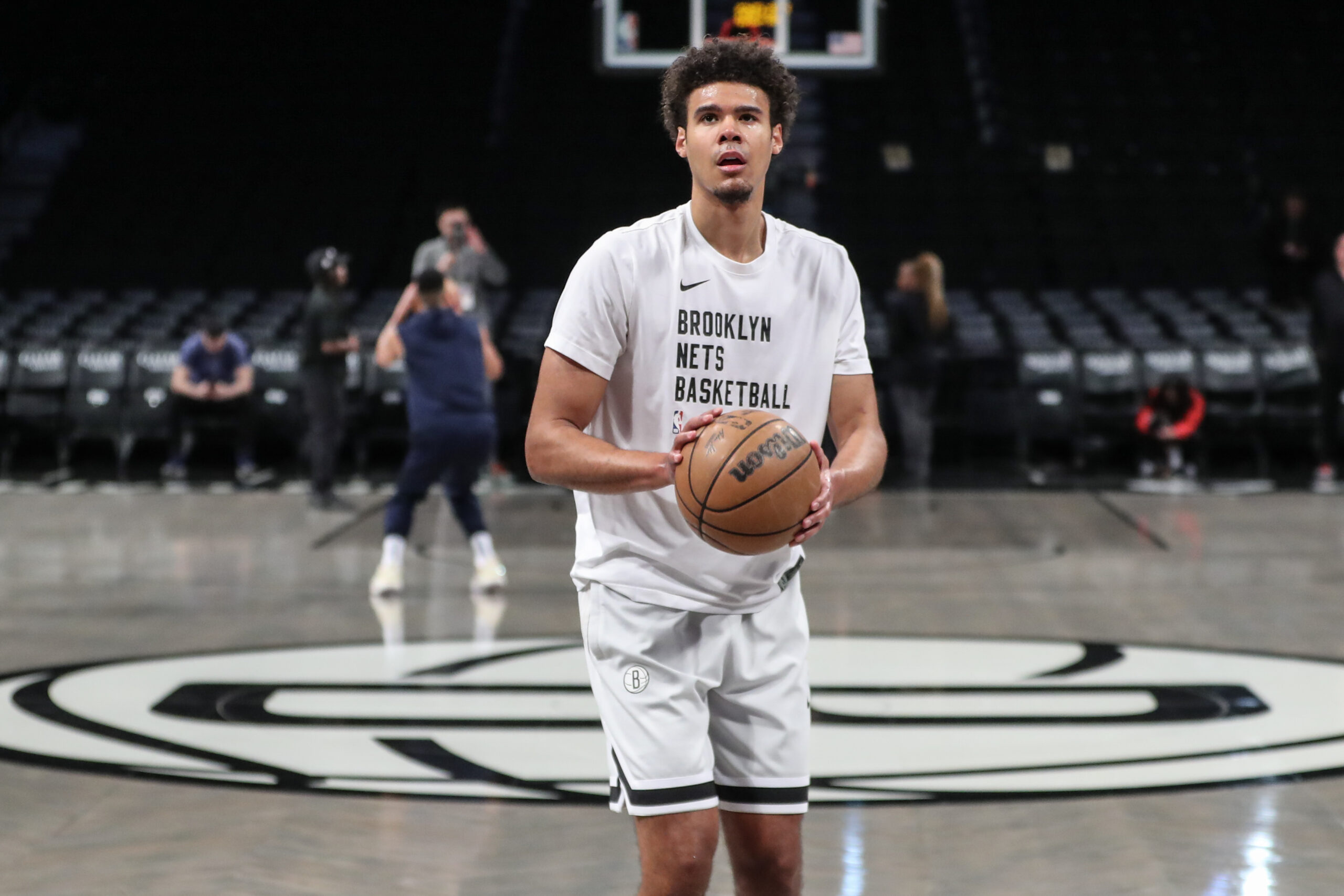 Mar 19, 2024; Brooklyn, New York, USA; Brooklyn Nets forward Cameron Johnson (2) warms up prior to the game against the New Orleans Pelicans at Barclays Center. Mandatory Credit: Wendell Cruz-USA TODAY Sports