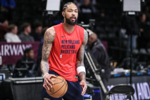 Mar 19, 2024; Brooklyn, New York, USA; New Orleans Pelicans forward Brandon Ingram (14) warms up prior to the game against the Brooklyn Nets at Barclays Center. Mandatory Credit: Wendell Cruz-USA TODAY Sports