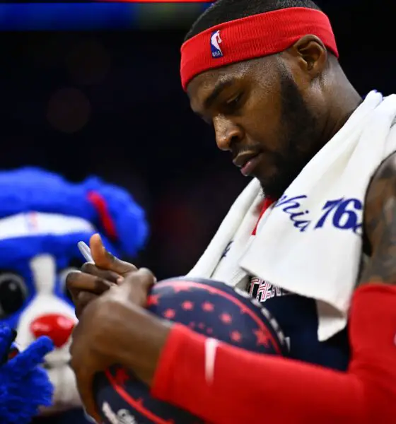 Mar 16, 2024; Philadelphia, Pennsylvania, USA; Philadelphia 76ers forward Paul Reed (44) signs a basketball after the game against the Charlotte Hornets at Wells Fargo Center. Mandatory Credit: Kyle Ross-USA TODAY Sports