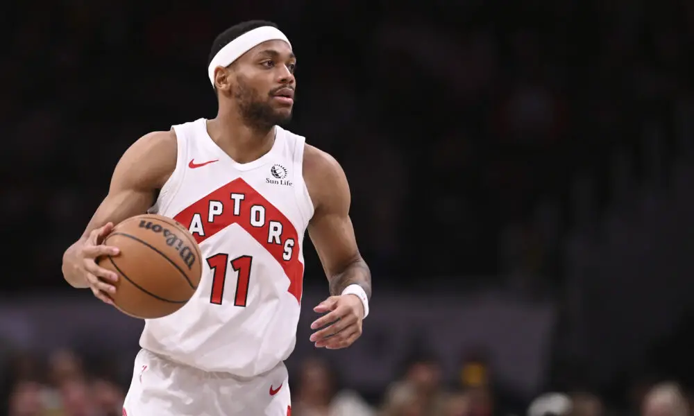 Mar 23, 2024; Washington, District of Columbia, USA; Toronto Raptors forward Bruce Brown (11) dribbles during the second half against the Washington Wizards at Capital One Arena. Mandatory Credit: Tommy Gilligan-USA TODAY Sports