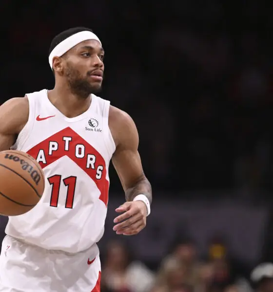 Mar 23, 2024; Washington, District of Columbia, USA; Toronto Raptors forward Bruce Brown (11) dribbles during the second half against the Washington Wizards at Capital One Arena. Mandatory Credit: Tommy Gilligan-USA TODAY Sports