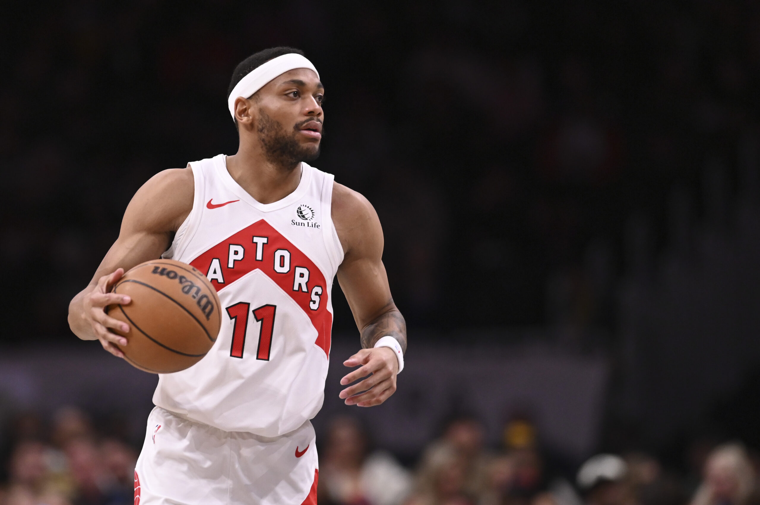 Mar 23, 2024; Washington, District of Columbia, USA; Toronto Raptors forward Bruce Brown (11) dribbles during the second half against the Washington Wizards at Capital One Arena. Mandatory Credit: Tommy Gilligan-USA TODAY Sports