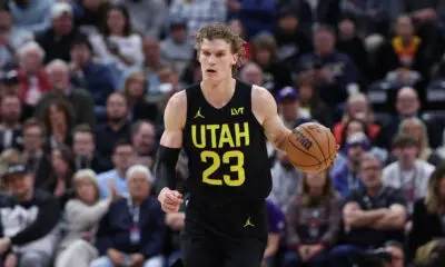 Mar 27, 2024; Salt Lake City, Utah, USA; Utah Jazz forward Lauri Markkanen (23) brings the ball up the court against the San Antonio Spurs during the first quarter at Delta Center. Mandatory Credit: Rob Gray-USA TODAY Sports