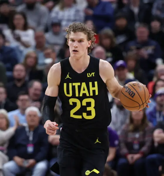 Mar 27, 2024; Salt Lake City, Utah, USA; Utah Jazz forward Lauri Markkanen (23) brings the ball up the court against the San Antonio Spurs during the first quarter at Delta Center. Mandatory Credit: Rob Gray-USA TODAY Sports