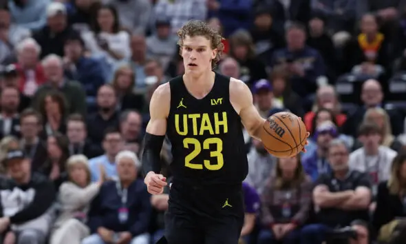 Mar 27, 2024; Salt Lake City, Utah, USA; Utah Jazz forward Lauri Markkanen (23) brings the ball up the court against the San Antonio Spurs during the first quarter at Delta Center. Mandatory Credit: Rob Gray-USA TODAY Sports