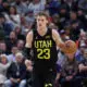 Mar 27, 2024; Salt Lake City, Utah, USA; Utah Jazz forward Lauri Markkanen (23) brings the ball up the court against the San Antonio Spurs during the first quarter at Delta Center. Mandatory Credit: Rob Gray-USA TODAY Sports