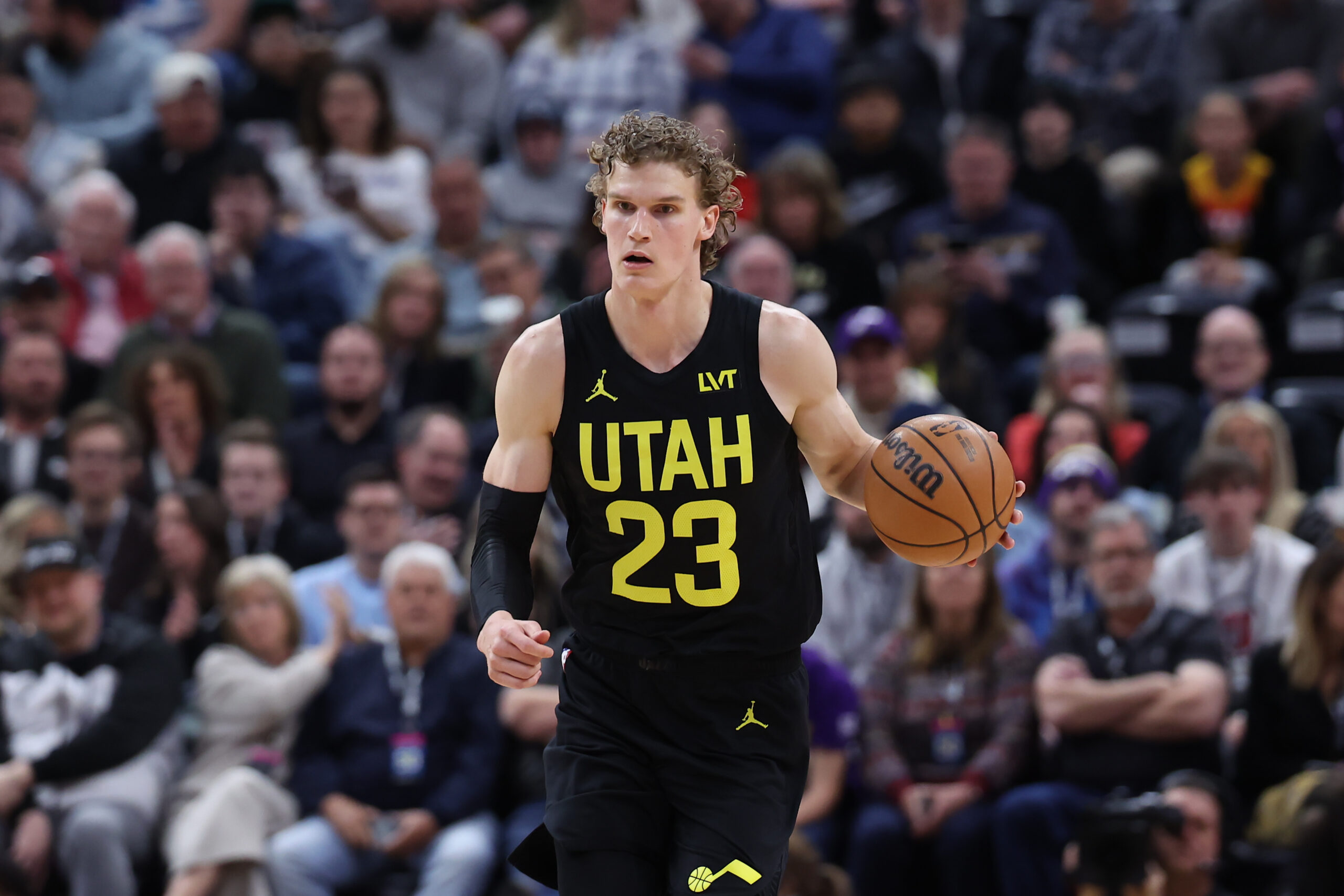 Mar 27, 2024; Salt Lake City, Utah, USA; Utah Jazz forward Lauri Markkanen (23) brings the ball up the court against the San Antonio Spurs during the first quarter at Delta Center. Mandatory Credit: Rob Gray-USA TODAY Sports