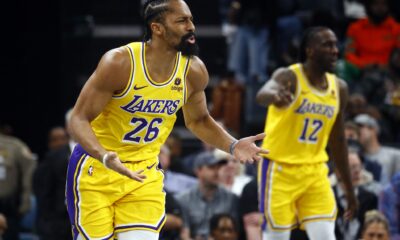 Mar 27, 2024; Memphis, Tennessee, USA; Los Angeles Lakers guard Spencer Dinwiddie (26) reacts during the second half against the Memphis Grizzlies at FedExForum. Mandatory Credit: Petre Thomas-USA TODAY Sports