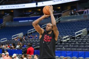 Apr 1, 2024; Orlando, Florida, USA; Portland Trail Blazers forward Jerami Grant (9) warms up before the game against the Orlando Magic at Amway Center. Mandatory Credit: Mike Watters-USA TODAY Sports