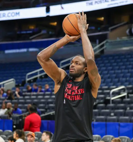 Apr 1, 2024; Orlando, Florida, USA; Portland Trail Blazers forward Jerami Grant (9) warms up before the game against the Orlando Magic at Amway Center. Mandatory Credit: Mike Watters-USA TODAY Sports