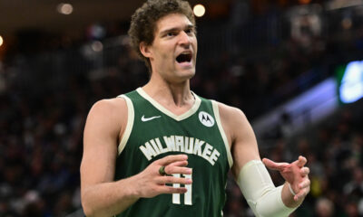 Apr 3, 2024; Milwaukee, Wisconsin, USA; Milwaukee Bucks center Brook Lopez (11) reacts in the second quarter against the Memphis Grizzlies at Fiserv Forum. Mandatory Credit: Benny Sieu-USA TODAY Sports
