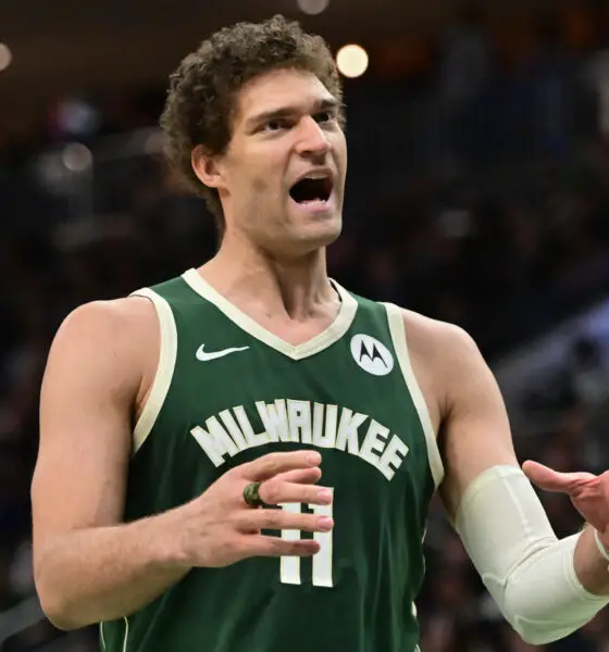 Apr 3, 2024; Milwaukee, Wisconsin, USA; Milwaukee Bucks center Brook Lopez (11) reacts in the second quarter against the Memphis Grizzlies at Fiserv Forum. Mandatory Credit: Benny Sieu-USA TODAY Sports