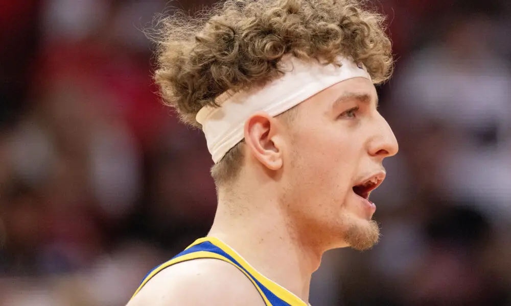 Apr 4, 2024; Houston, Texas, USA; Golden State Warriors guard Brandin Podziemski (2) reacts in the second half against the Houston Rockets at Toyota Center. Mandatory Credit: Thomas Shea-USA TODAY Sports