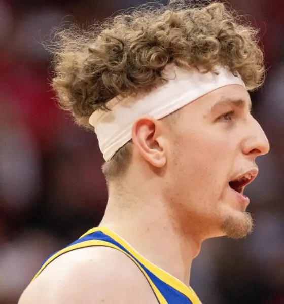 Apr 4, 2024; Houston, Texas, USA; Golden State Warriors guard Brandin Podziemski (2) reacts in the second half against the Houston Rockets at Toyota Center. Mandatory Credit: Thomas Shea-USA TODAY Sports