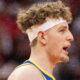 Apr 4, 2024; Houston, Texas, USA; Golden State Warriors guard Brandin Podziemski (2) reacts in the second half against the Houston Rockets at Toyota Center. Mandatory Credit: Thomas Shea-USA TODAY Sports