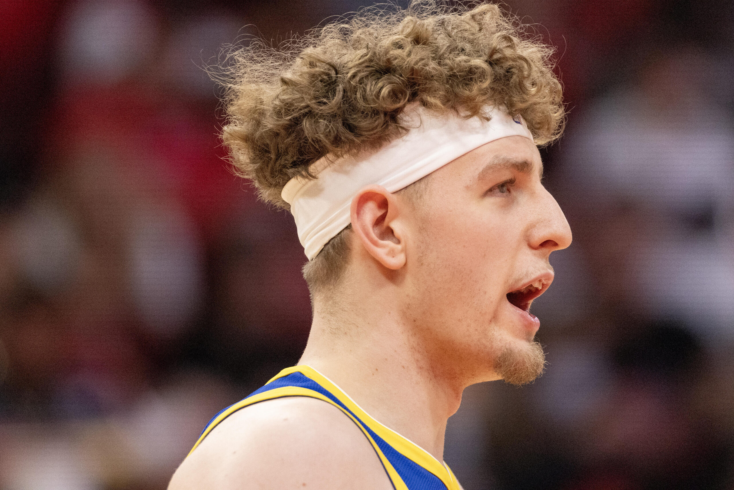 Apr 4, 2024; Houston, Texas, USA; Golden State Warriors guard Brandin Podziemski (2) reacts in the second half against the Houston Rockets at Toyota Center. Mandatory Credit: Thomas Shea-USA TODAY Sports