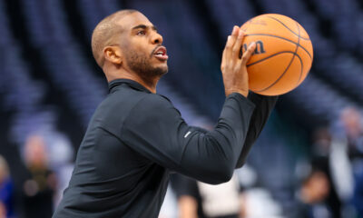 Apr 5, 2024; Dallas, Texas, USA; Golden State Warriors guard Chris Paul (3) warms up before the game against the Dallas Mavericks at American Airlines Center. Mandatory Credit: Kevin Jairaj-USA TODAY Sports